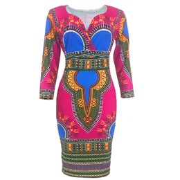 Casual Dresses African Ladies Elegant Wrist High Waist V Neck Vintage For Work Office Business Fashion Slim Vestidos Dress Midi 803