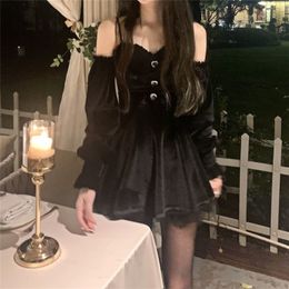 Gothic Black Velvet Dress Evening Party Long Sleeve Y2k Mini Dres Vintage Elegant Dress Korean Autumn 220317