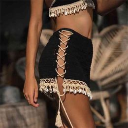 New Sexy Crochet Beach Skirt Cotton Swimsuit Fused Skirt Casual Beach Running Lace See Through Slim Mini Skirts 210319