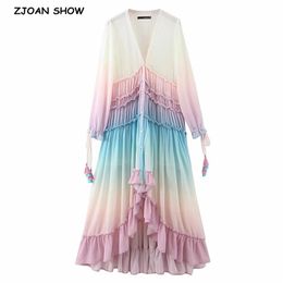 BOHO Gradient Rainbow Colour Single-breasted Button Long Dress Sexy Women Holiday Wood ear Tassel Long Sleeve Ruffles Dresses 220511