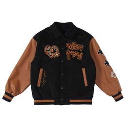 American Streetwear Retro Varsity Jacket Men Embroid Letterman Bomber Jacket Brown Baseball Jacket College Coats Harajuku Unisex T220816