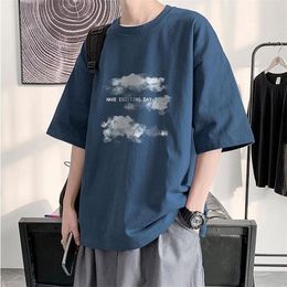 Summer plus size short-sleeved t-shirt men women Harajuku Cloud print Hong Kong style Fifth sleeve tee preppy hip-hop simple top 220521