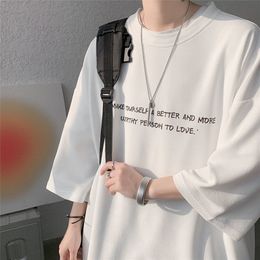 Hybskr Men Summer Vintage T Shirts Letter Graphic Harajuku Casual Tshirt For Male Oversize Man Tees Three Quarter Tops 220728