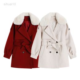 Large Fur Collar Wool Jacket Autumn Winter Womens New Korean Style Double-Breasted Cotton Jacket Chinese Red Christmas Jacket female L220725