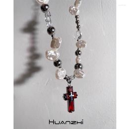 Pendant Necklaces Red Cross Necklace Irregular Pearls Titanium Steel Chain Choker For Women Men Fashion Y2K Jewelry HUANZHIPendant Godl22