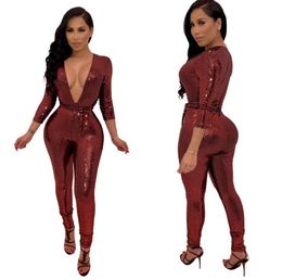 Women's Jumpsuits & Rompers Sequined Slim Sexy Suits Women Bodycon Bandage Brown V-Neck Evening Club Playsuit Fashion JumpsuisWomen's