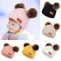Caps & Hats Children Hat Hairball Elastic Kids Baby Girl Boy Autumn Winter Solid Color Knitted Beanies Cap