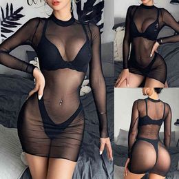 NXY Sexy Set Women's Sheer Mesh See Through Long Sleeve Crop Tops Casual Clubwear Mini Dress Ladies Hot Lingerie 0211