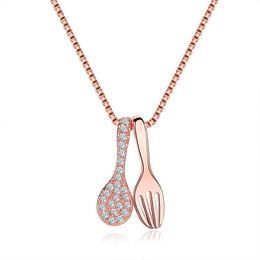 Pendant Necklaces Creative Tableware Spoon Fork Necklace Elegant Female Rose Gold Chain CZ Accessories Fashion Party Jewellery Girl GiftsPenda