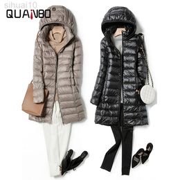 2022 women spring jacket Ultralight Thin Packable Down Long Jacket Female Hat Detachable slim fit skirt Coat Portable Outwear L220730