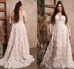 Plus Size Champagne Lining Wedding Dresses with Long Sleeve 2022 Full Lace Floral Backless Bohemian Beach Bridal Gown