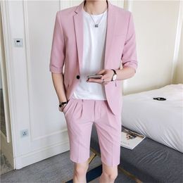 Men Suit Set Slim Fit Half Sleeve Knee Length Pants Korean Style Mens Clothing Pink White Summer Suit Jacket with Short Pant 201106