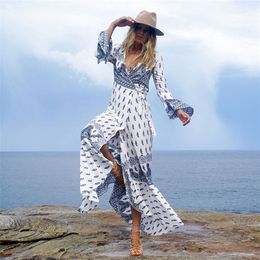 Bohemian printing beach dress long sleeve hippie chic maxi holiday 3XL bandage es plus size vacation vestidos 220426