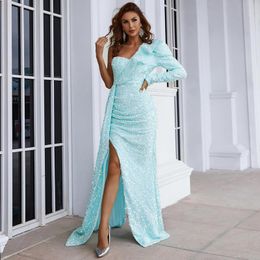 backless blue dresses UK - Casual Dresses Women Spring Autumn Blue Sequins Party Maxi Dress Sexy One Shoulder Ruffles Evening Side Split Backless Long VestidosCasual