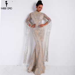 Missord 2020 Women Sexy High Neck Long Sleeve Split Glitter Dress Female Maxi Elegant Party Dress robes LJ200818