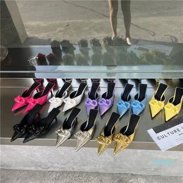 2022- Kitten Heel Sexy Pointed Toe Women Mules Patent Leather Chain Buckle Outdoor Slippers Women Med Heel Ladies Designer Shoes