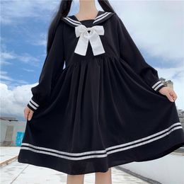 Clothing Sets Women Dress Autumn Japanese Dark Style Navy Collar Long Sleeve Sweet Bow High Waist Pleated JK Sailor School Girl UniformCloth