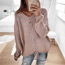 Laamei Lace Up Knitted Sweater Women Jumper V-neck Casual Autumn Winter Sweater Women Pullover Sweaters Ladies Pull Femme 201224