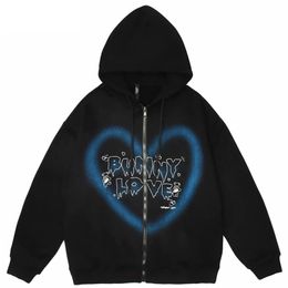 y2k Zip-Up Hoodie Женщины хип-хоп уличная одежда граффити Сердце Письмо медвежь