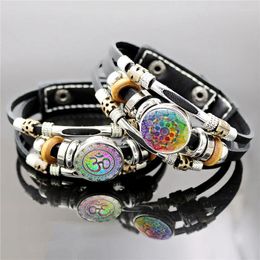 Beaded Strands Sanskrit OM Symbol Multilayer Leather Bracelet OHM AUM Buddha Lotus Snap Button Bracelets For Men Women Jewellery Gifts Fawn22