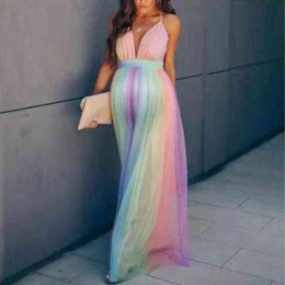 Maternity Rainbow Voile Wedding Dress Photo Shoot Pregnancy Summer Baby Bathing Pregnant Women Maxi Gown Photography Props 2022 G220309