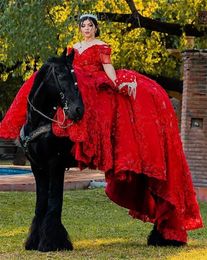 Red Off The Shoulder Quinceanera Dress Tassel Beaded 3D Flowers Princess Sweet 16 Ball Gown Vestidos De 15 Aos