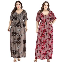 Plus Size Dresses 6XL 2022 Women's Dress Summer Knitting V-neck Print Vestidos Short-sleeved Of Fat Ladies Clothing Big SizePlus