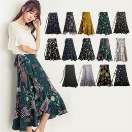 Bohemia Beach Skirt Women Spring Summer Chiffon Flower Pattern SkirtMedium Elastic Waist Skirt 210311