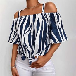 Women Trendy Elegant Casual Shirt Female Stylish Blouse Off Shoulder Striped Print Thin Strap Loose Fit Short Sleeve Top 210716