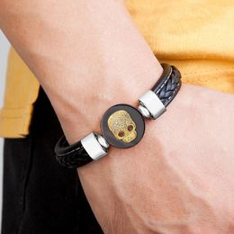 Charm Bracelets Punk Style Men Jewellery Gold Black Skull Shape Round Natural Stone Bracelet For Braided Leather Rope Bangles Male GiftsCharm