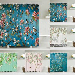 Chinese Birds Gradient Shower Curtains for Bathroom Landscape Plants Green Waterproof Fabric Polyester Bath Decor 180 x 180cm 220517