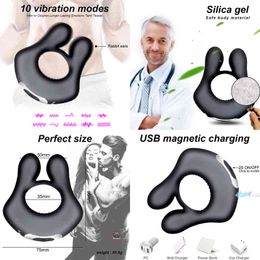 Nxy Cockrings Penis Ring Vibrator Cock Rings Rabbit Design Rechargeable 10 Vibration Modes Silicone Male Sex Toy for Man and Couples Shop 220505