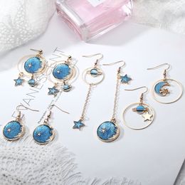 Fashion Creative Space Star Moon Dangle Earrings Women Girls Asymmetrical Blue Universe Planet Pendant Earrings Party Jewelry Gifts