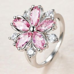 Wedding Rings Cute Female Pink Crystal Stone Ring Charm Silver Colour Thin For Women Dainty Bride Flower Zircon Engagement RingWedding