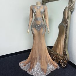 Sparkly Mermaid Prom Dresses Beading Crystal Long Sleeve See Through Celebrity Party Formal Evening Dress vestidos de gala
