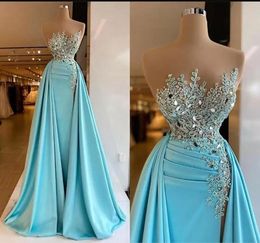 Light Sky Blue Luxury Plus Size Sparkly Long Mermaid Prom Dresses Drapled Strapless Gala Sexy African Evening Party Gowns For Black Girl robes Custom Made