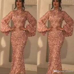 Long Poet 2022 Sleeves Prom Dresses High Neck Sparkly Sequins Applique Mermaid Floor Length Evening Formal Wear Party Gowns Vestidos Custom Made