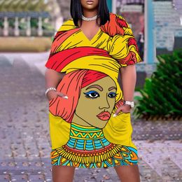 Lässige Kleider Sommer Böhmisches Midi-Kleid Afrikanisches menschliches Gesicht 3D-Druck Vintage Frauen V-Ausschnitt Sexy Kurzhülse Nachtpartykleidung