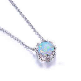 Pendant Necklaces Boho Women Ladies Small Round Pendants Silver Colour Necklace Blue White Fire Opal NecklacePendant