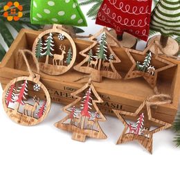 6PCS Vintage Hollow Printed Christmas StarTreeBall Wooden Pendants Ornaments Wood Crafts Tree Decorations Y201020