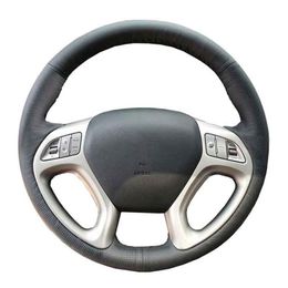 Steering Wheel Covers Customised Original DIY Car Cover For Ix35 Tucson 2 2011-2022 Black Leather Braid WheelSteering CoversSteering