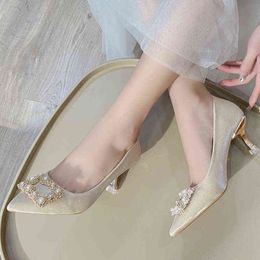 Dress Shoes Jmprs Elegant Pearl Buckle Pumps Women Pointed Toe High Heels Bridal Woman Spring New Gold Heeled Slip on Sapatos De Mujer 220507