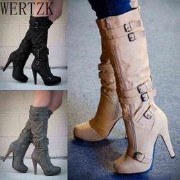 Stiefel Frauen Plattform Schnalle Kniehohe Zip Pumps Herbst Winter Damen Super Heels Weibliche Feste Punk Schuhe Große Größe 220709