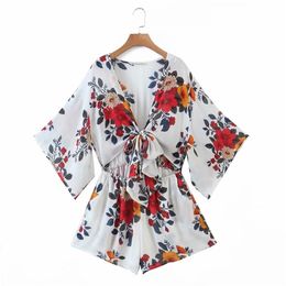 Casual Woman Loose V Neck Sashes Short Chiffon Rompers Summer Fashion Ladies Printed Female Vacation 210515