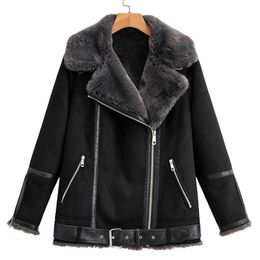 Ailegogo Autumn Winter Women Streetwear Turndown Collar Faux Leather Jacket with Belt Moto Biker Fur Coat Suede Leather Outwear 220815