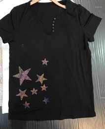 Women's T-Shirt Summer Style Short-sleeved V-neck Button Colour Star-shaped Rhinestone Casual All-match Women