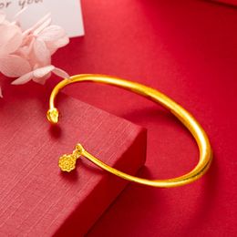 Smooth Cuff Bangle Bracelet for Women Lotus Heart 18k Yellow Gold Filled Simple Style Ethnic Lady Wedding Party Birthday Gift