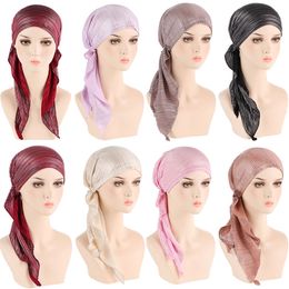 solid color Muslim Women Hijabs Hats stretch Turban caps Head Scarf Long Tail Bow Bonnet Wide Band Wrap Cap turbante mujer