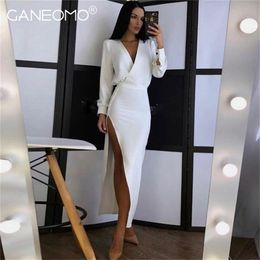 Elegant Long Sleeve White Bodycon Long Dress for Women Slit Sexy Party Evening Maxi Dresses Red Christmas Festival Clothing 220406