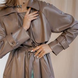 Streetwear PU leather trench coats womens Brown autumn winter sashes long coat Notched office ladies pocket outwear LJ201127